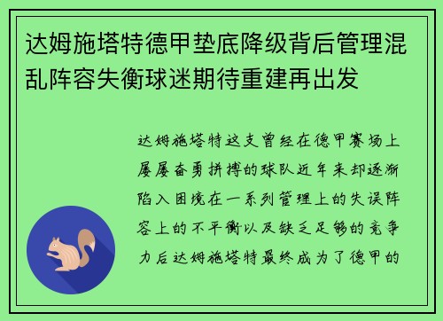 达姆施塔特德甲垫底降级背后管理混乱阵容失衡球迷期待重建再出发