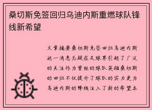 桑切斯免签回归乌迪内斯重燃球队锋线新希望