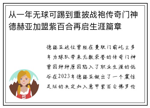 从一年无球可踢到重披战袍传奇门神德赫亚加盟紫百合再启生涯篇章